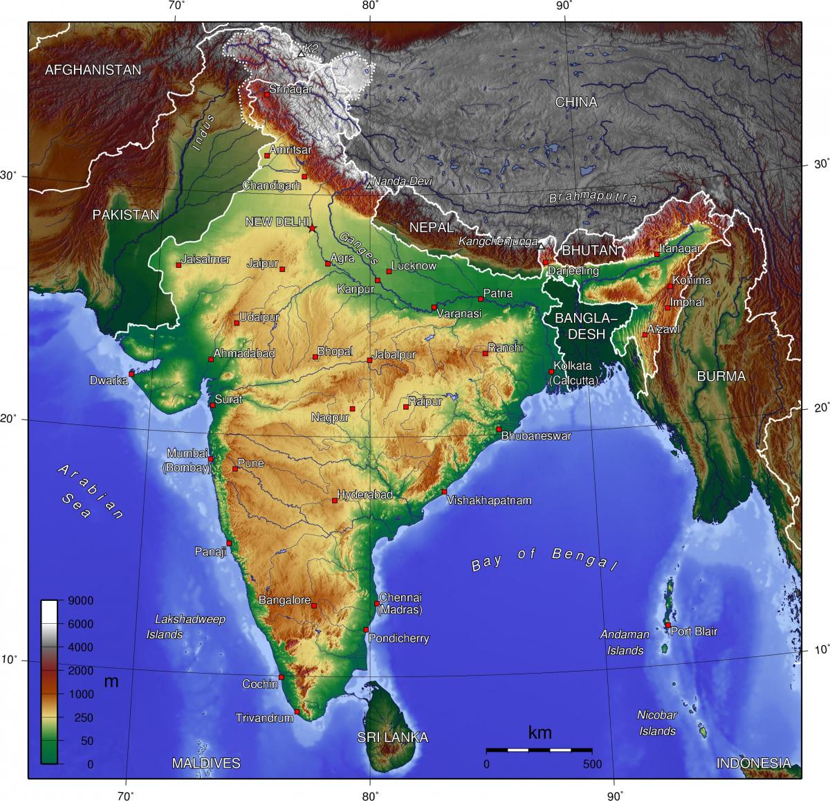 Topographische Karte von Indien